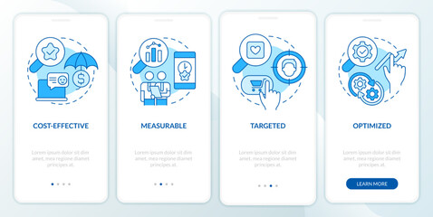 Digital advertising pros blue onboarding mobile app screen. Promotion walkthrough 4 steps editable graphic instructions with linear concepts. UI, UX, GUI template. Myriad Pro-Bold, Regular fonts used
