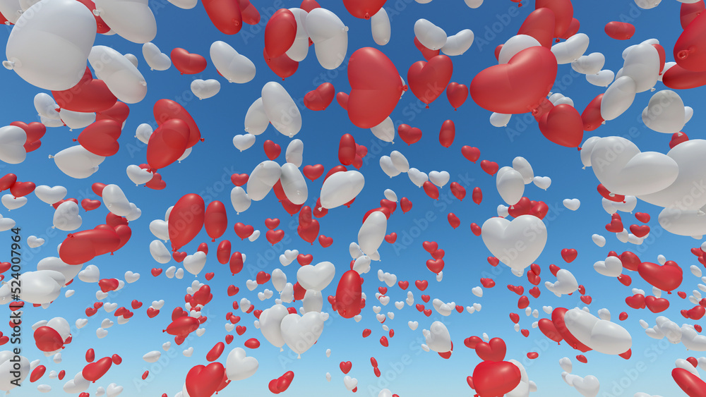 Wall mural heart balloons rising up to the sky 3d illustration.