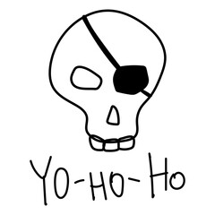 Skull with eye patch and pirate replica hand-drawn caracal outline. Funny pirate symbol