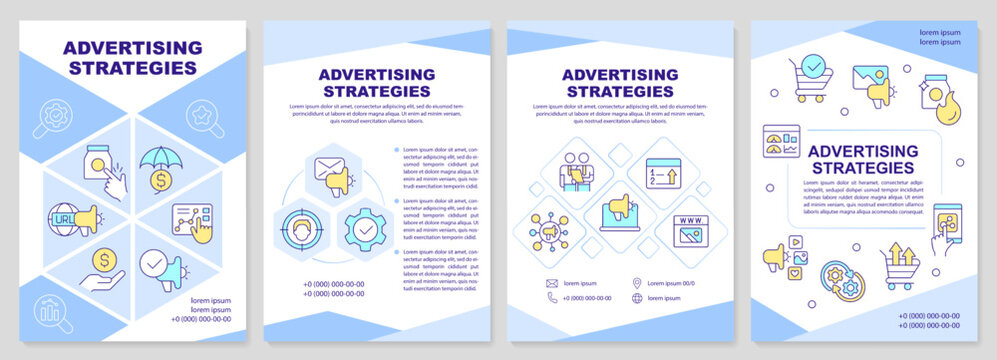 Advertising strategies blue brochure template. Marketing plans. Leaflet design with linear icons. Editable 4 vector layouts for presentation, annual reports. Arial-Black, Myriad Pro-Regular fonts used