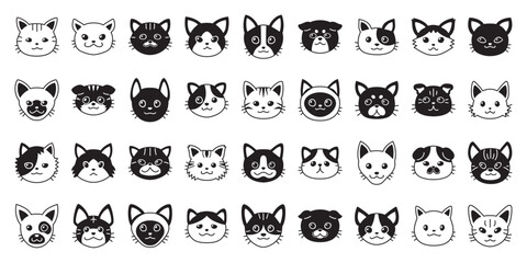 Different type of cartoon cat faces for design.