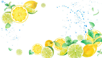 爽やかなシトラスとミントの水彩イラスト。2隅を装飾したフレームデザイン。バナー背景。レモンとライム。（透過背景）  © Keiko Takamatsu