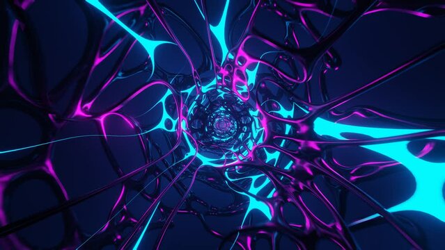 Abstract flight into the organic sci-fi tunnel with glowing blue orange light. 4K 3D endless loop anime comic cartoon style alien light tunnel. Seamless looped visual effect hi-tech title animation.
