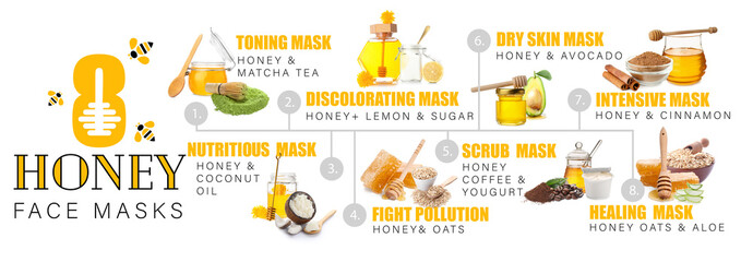 Fototapeta premium Set of honey facial masks with ingredients on white background
