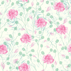 Seamless pattern with hand drawn abstract flowers. Colorful vector background