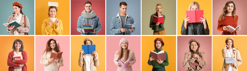 Collage of people in autumn clothes and with books on color background