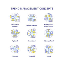 Trend management concept icons set. Tendencies analysing process. Business strategy idea thin line color illustrations. Isolated symbols. Editable stroke. Roboto-Medium, Myriad Pro-Bold fonts used
