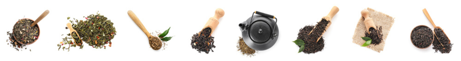 Different types of dry tea on white background, top view