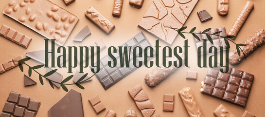 Different chocolate bars on beige background. Happy Sweetest Day