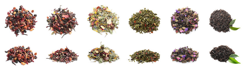 Fototapeta premium Different types of dry tea on white background