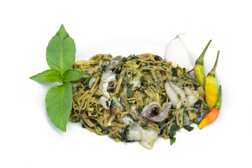 Bamboo shoots steamed on a white plate,Isaan (Thailand) food called Mok Nor Mai.Isaan style food.