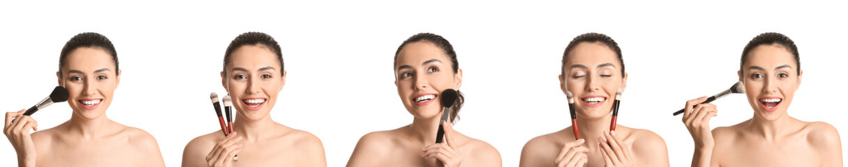 Set of beautiful young woman with makeup brushes on white background