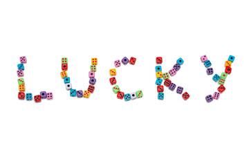 Word from small colorful dice - Lucky. Isolated on white background