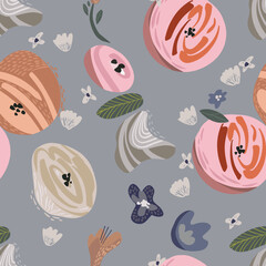 Seamless floral pattern. Vector abstact flowers on grey background. Illustration with roses