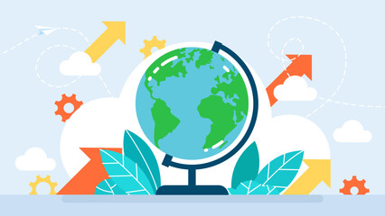 Globe Earth. School subject for geography. Navigation on the map. Can be used for concept of delivery, international relations, trade, travel, logistics, ecology. Flat style. Vector illustration.
