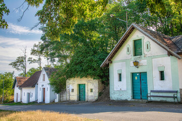 Galgenberg. Famous cellar alley in Wildendürnbach, Weinviertel. Beautiful vineyards with...