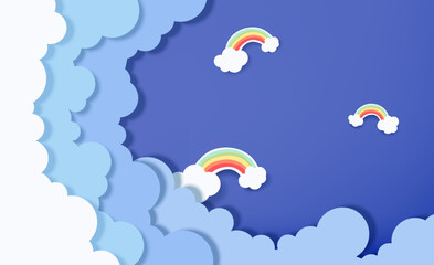 Beautiful fluffy clouds on blue sky background with rainbow. Vector illustration. Paper cut style. Place for text