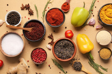Composition with fresh aromatic spices and vegetables on color background © Pixel-Shot