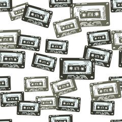 Audio cassette tape engraved seamless pattern. Vintage music cassette tape in hand drawn style.