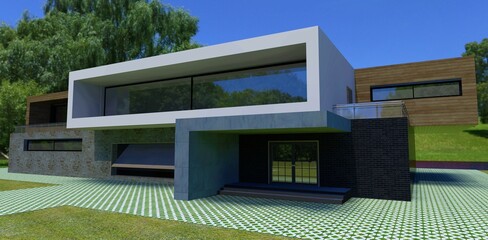 Futuristic architecture. The concept of a family country house. Combined exterior finish. Facade board, concrete and black brick. 3d render.