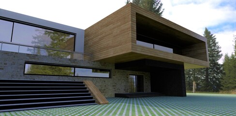 The concept design of the cladding of a country villa. The front board is combined with slate. Lawn pavement. Wide concrete stairs. 3d render.