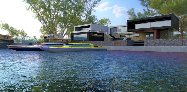 Two motor boats near the stone pier. Descent down the stairs to the river. Modern country villa near the water. 3d render.