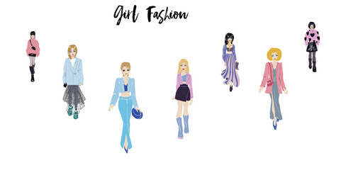 Fototapeta premium Collection of stylish young women dressed in trendy clothes. Vector fashion illustration.