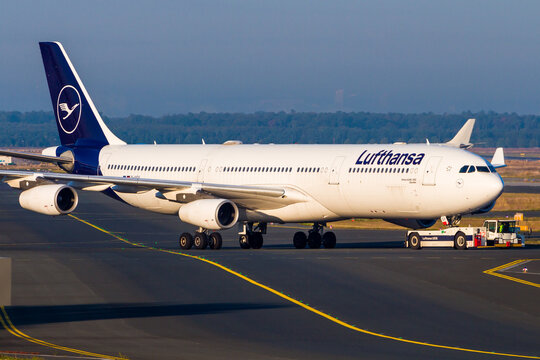 Lufthansa Airbus A340-300 being towed on ground at Frankfurt Airport. New Livery. Sep 2021