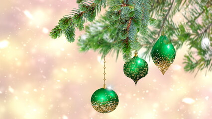 Christmas tree branch decoration on blurred background copy space template 