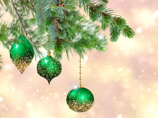 Christmas tree branch decoration on blurred background copy space template 