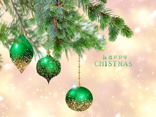 Christmas tree branch decoration on blurred background copy space template 