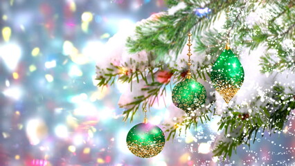 Fototapeta na wymiar Christmas tree branch decoration on blurred background copy space template 