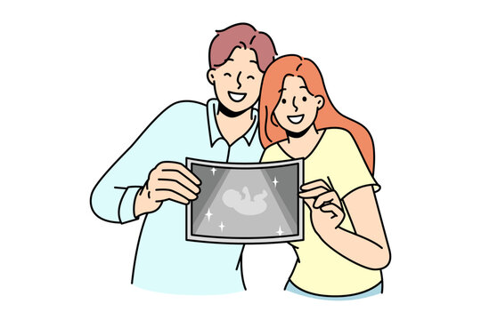 Happy couple showing picture of embryo. Smiling man and woman demonstrate ultrasound of baby excited with pregnancy and parenthood. Vector illustration. 