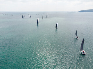 Aerial view of sailing yachts regatta race on sea near Varna in Bulgaria, Black sea