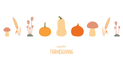 happy thanksgiving greeting card with pumpkin mushroom and autumn leave banner