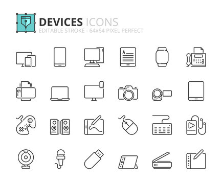 Simple set of outline icons about devices