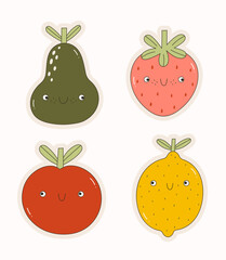 Cartoon pear, lemon, apple, strawberry. Vector set of stickers with kawaii fruits. Vegetarian food.