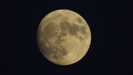 Extreme zoom photo of illuminated radish full moon as seen in August