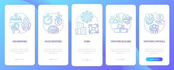 Kinds of new business support blue gradient onboarding mobile app screen. Walkthrough 5 steps graphic instructions with linear concepts. UI, UX, GUI template. Myriad Pro-Bold, Regular fonts used