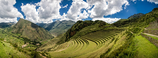 Agricultural terraces in Sacred Valley Moray in Peru. Soth America nature - obrazy, fototapety, plakaty