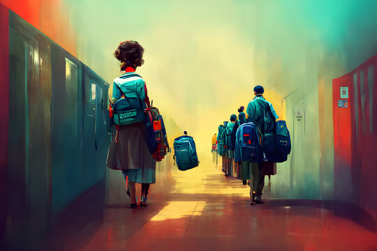 many children students with schoolbag backpacks in school corridor, abstract painting-like neural network ai generated art, picture produced with ai in 2022