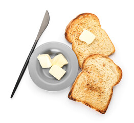 Bowl of butter, knife and toasts on white background