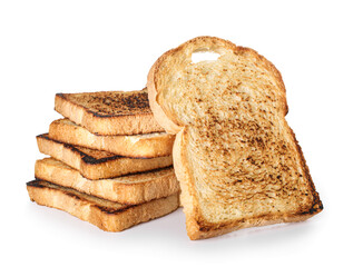 Stack of tasty toasts on white background