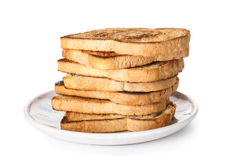 Plate with stack of tasty toasts on white background