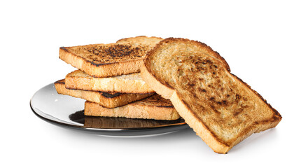 Plate with stack of tasty toasts on white background