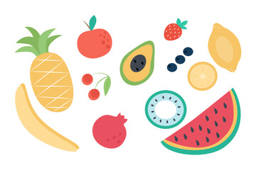 Fruit doodle isolated on white background. Natural tropical vegan cuisine. Flat vector illustration.