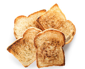 Slices of delicious toasted bread isolated on white background