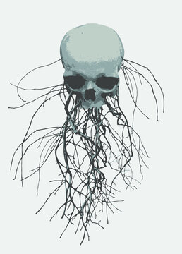 vector collage of human skull with tree roots. Creative illustration in grunge style, t-shirt print, graffiti