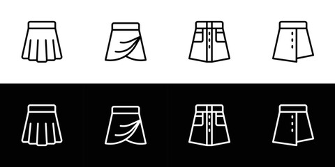 Short skirt icon set. Flat design icon collection isolated on black and white background.