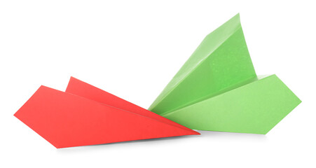 Colorful paper planes on white background